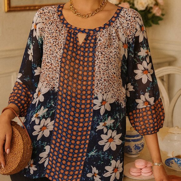 Fig & Flower 3/4 Sleeve Studded V-Keyhole Boho Paisley Sheer Peasant Blouse Top - Picture 1 of 6